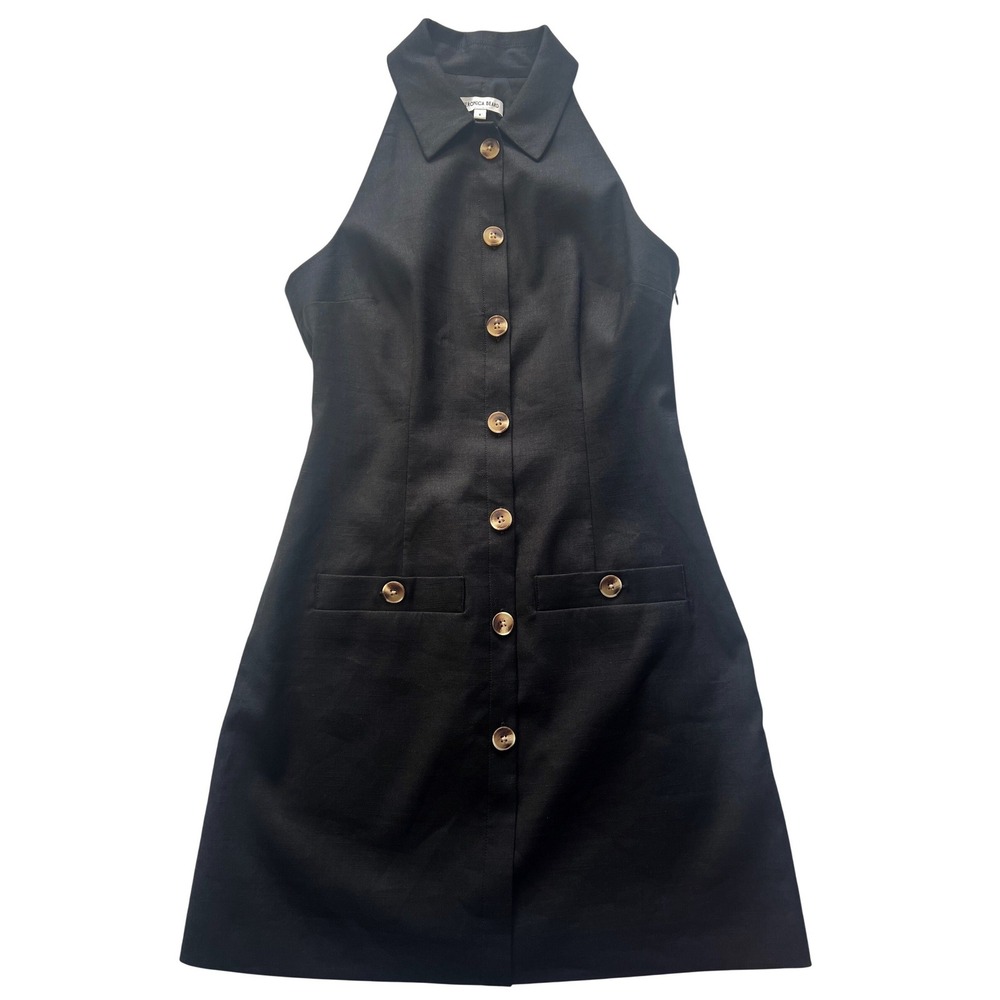 Veronica Beard Halter Mini Roxanne Button Front Dress Black Size 4 Linen Blend